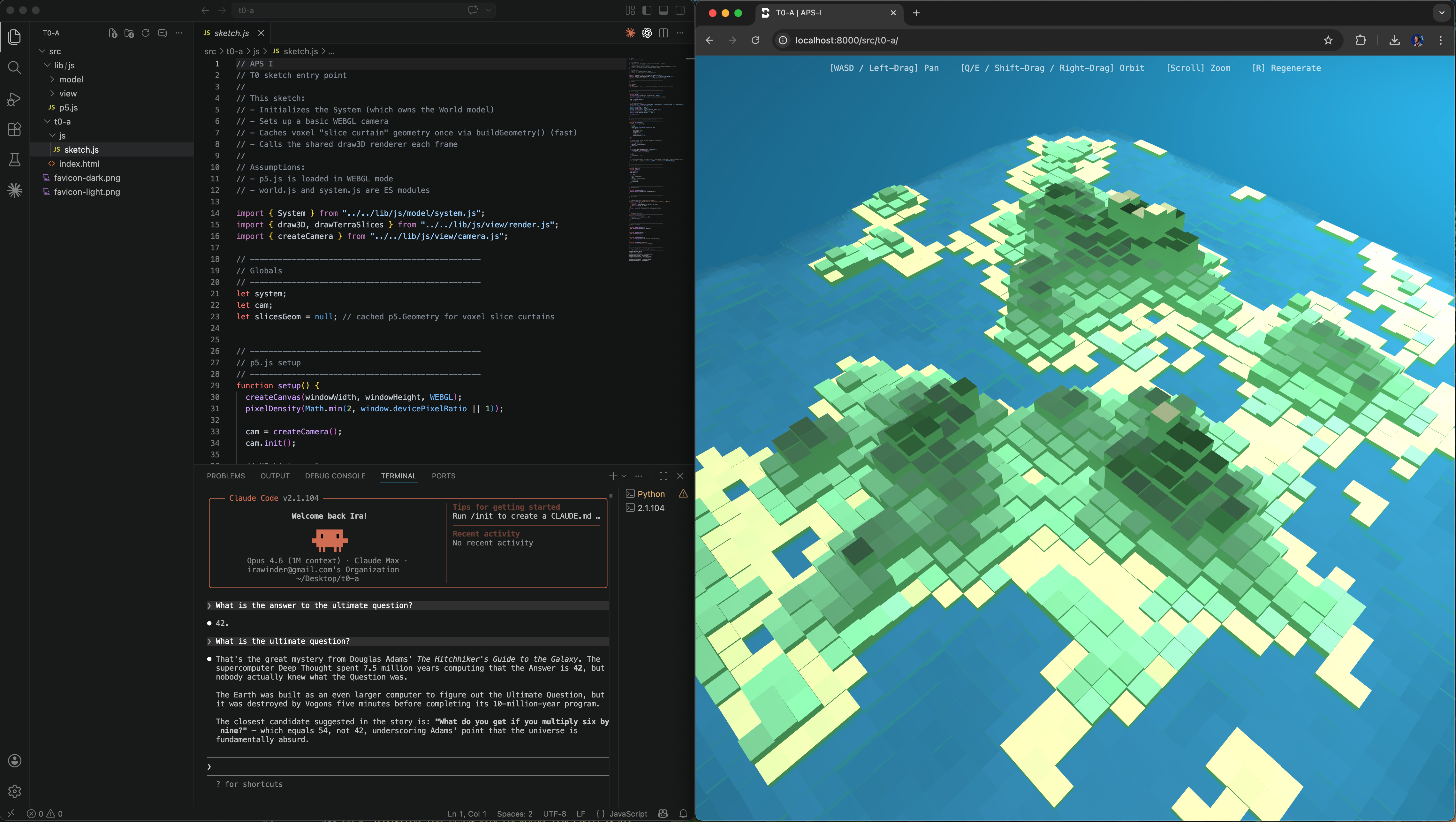 VS Code with Claude Code and T0-A simulation running in the browser